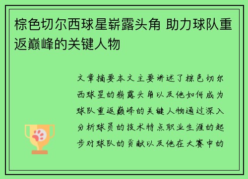 棕色切尔西球星崭露头角 助力球队重返巅峰的关键人物
